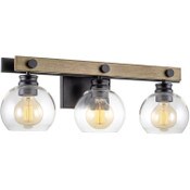 Wholesale - Sebastian 23" 3-Light Industrial Farmhouse Vanity / Bathroom Light + Clear Globe Glass Shades, Smoked Birch Wood Style + Black Finish, UPC: 810018524531